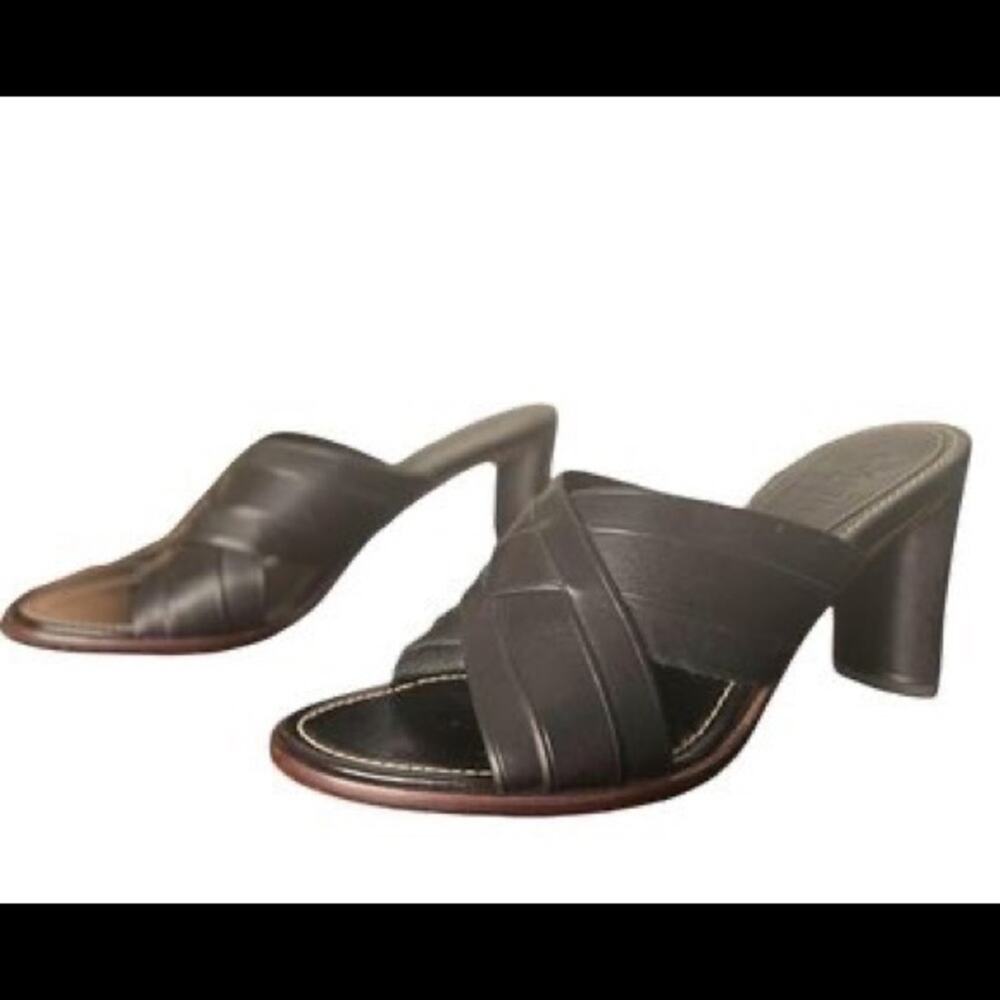 Cole Haan Slide Heels 7.5 Casual Cross Strap Leather Slip On Sandals Black Brown